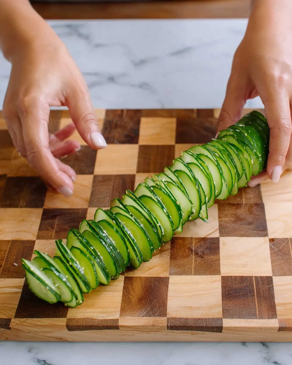 A long cucumber is sliced thinly in a zigzag pattern, creating many even, green slices with darker green skin on the edges and lighter green inside. The slices are all attached in a row, forming one long piece. Two woman's hands gently hold each end of the cucumber. The cucumber rests on a wooden cutting board with a checkered wood pattern. The background surface is a white marbled texture. Photo taken with an iphone --ar 4:5 --v 7