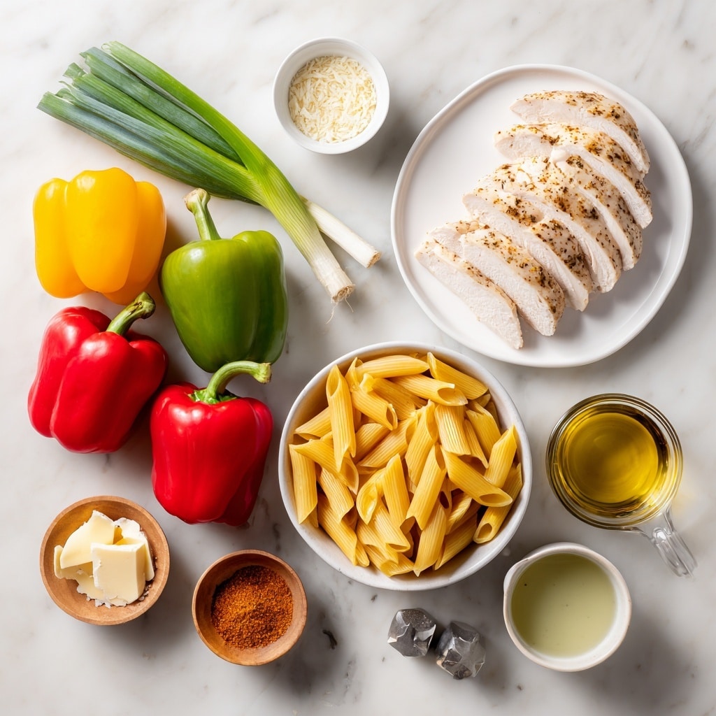 The image shows a flat lay of cooking ingredients on a white marbled surface, arranged neatly with labels. On the top right, there is a white plate with several slices of cooked chicken in light brown and cream colors. Below it, three colorful bell peppers with shiny skins are placed in yellow, red, and green colors from left to right. Near the center is a white bowl filled with uncooked yellow penne pasta. To the left, there are three green onions with long green stalks and white bulbs dipped in roots. Around the bowl, there are small bowls and containers, including a small glass container of light cream, a wooden small bowl with bright orange-red jerk seasoning powder, and a tiny cup of golden oil. There are also two garlic cloves and a small metal measuring cup containing pale yellow parmesan cheese. A small glass bowl of light green vegetable stock is at the bottom right. Everything is spaced evenly with a clean and simple look. photo taken with an iphone --ar 4:5 --v 7
