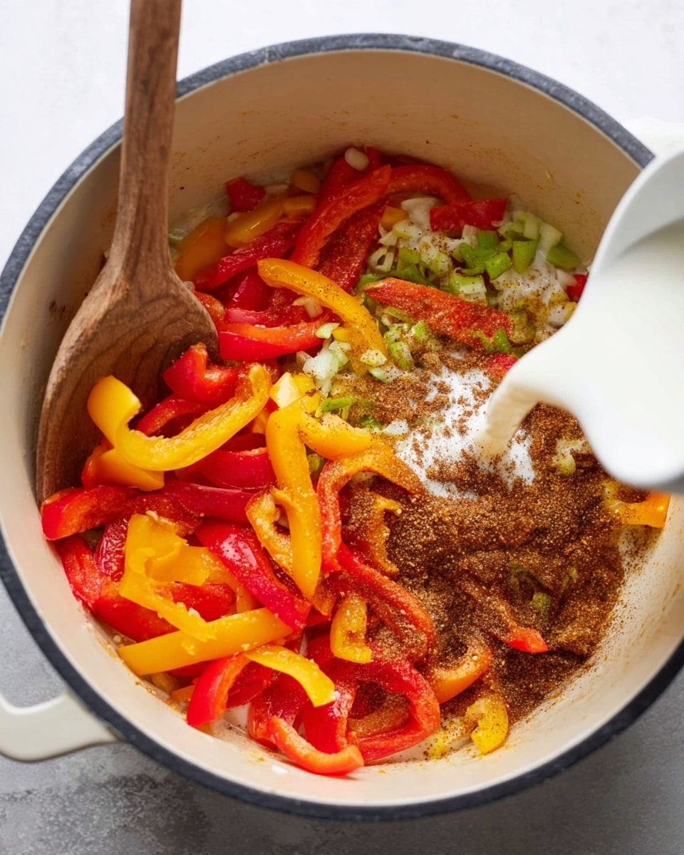 Inside a large white pot with a dark rim, there are bright red and yellow sliced bell peppers mixed with chopped green onions and garlic, cooking gently. A wooden spoon rests across the peppers in the first part. In the second part, the same peppers are mixed with dark brown spices spread over them, while a thick white liquid is being poured on top from a white container just above the pot. The white marbled surface is visible below the pot. photo taken with an iphone --ar 4:5 --v 7