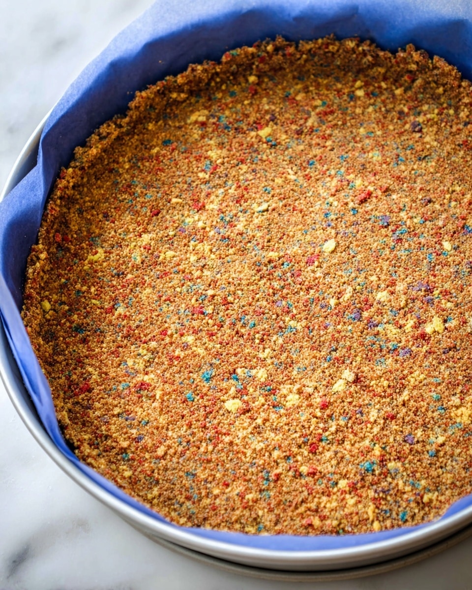 A clear glass bowl sits on a white marbled surface, filled with a thick, creamy white mixture that takes up most of the bowl's space; on top of this creamy base is a large pile of crushed cereal bits in bright colors including red, yellow, blue, and orange, giving a rough, grainy texture to the top layer. A white spatula with some creamy mixture on it rests against the side of the bowl, partially inside the bowl. The contrast between the smooth base and colorful crunchy topping is clear and vivid. photo taken with an iphone --ar 4:5 --v 7
