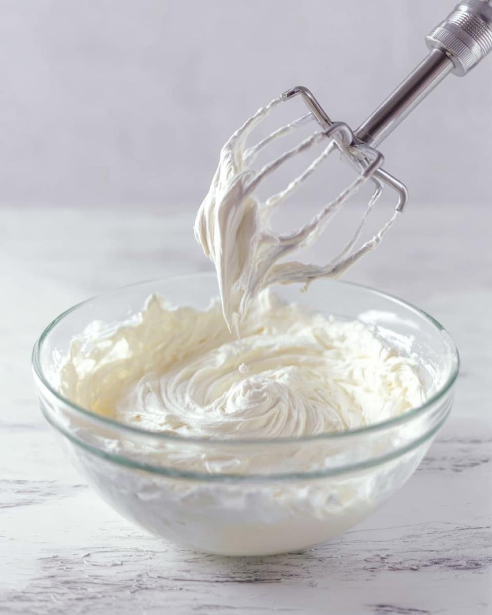 A clear glass bowl filled with a thick, creamy white mixture, showing smooth, soft swirls and peaks. Above the bowl, a metal mixer with two beaters is lifted, holding some of the creamy mixture, creating a sense of motion and light texture. The background and surface have a clean white marbled texture, giving a fresh and bright setting. photo taken with an iphone --ar 4:5 --v 7