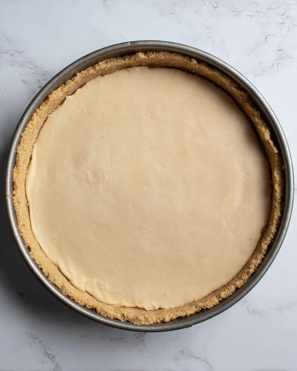 The image shows a round pie in a metal pan on a white marbled surface. The pie has two layers: the bottom crumbly crust is golden brown and pressed up along the edges of the pan, forming a thick border, while the top layer is smooth and light tan in color, evenly spread and filling the crust without any cracks or decoration. The surface of the top layer looks creamy and soft. photo taken with an iphone --ar 4:5 --v 7