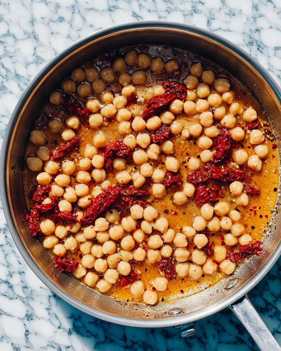 A shiny metal pan filled with a mix of light beige chickpeas and dark red sun-dried tomato pieces in an orange oily sauce with small bits of seasoning floating around. The chickpeas are round and smooth, evenly spread throughout the pan, with the tomatoes scattered among them. The pan sits on a white marbled surface. photo taken with an iphone --ar 4:5 --v 7