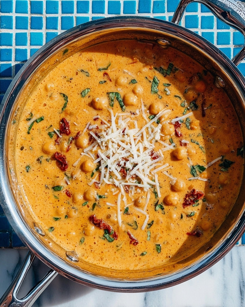 A shiny silver pan filled with a creamy orange soup that has small chickpeas scattered throughout. The soup has tiny green herb pieces and bits of red sun-dried tomatoes mixed in. On the top, there are thin white cheese shreds sprinkled evenly over the soup. The pan is placed on a table with a white marbled texture and a blue and white tiled surface is partially visible around the edges. photo taken with an iphone --ar 4:5 --v 7