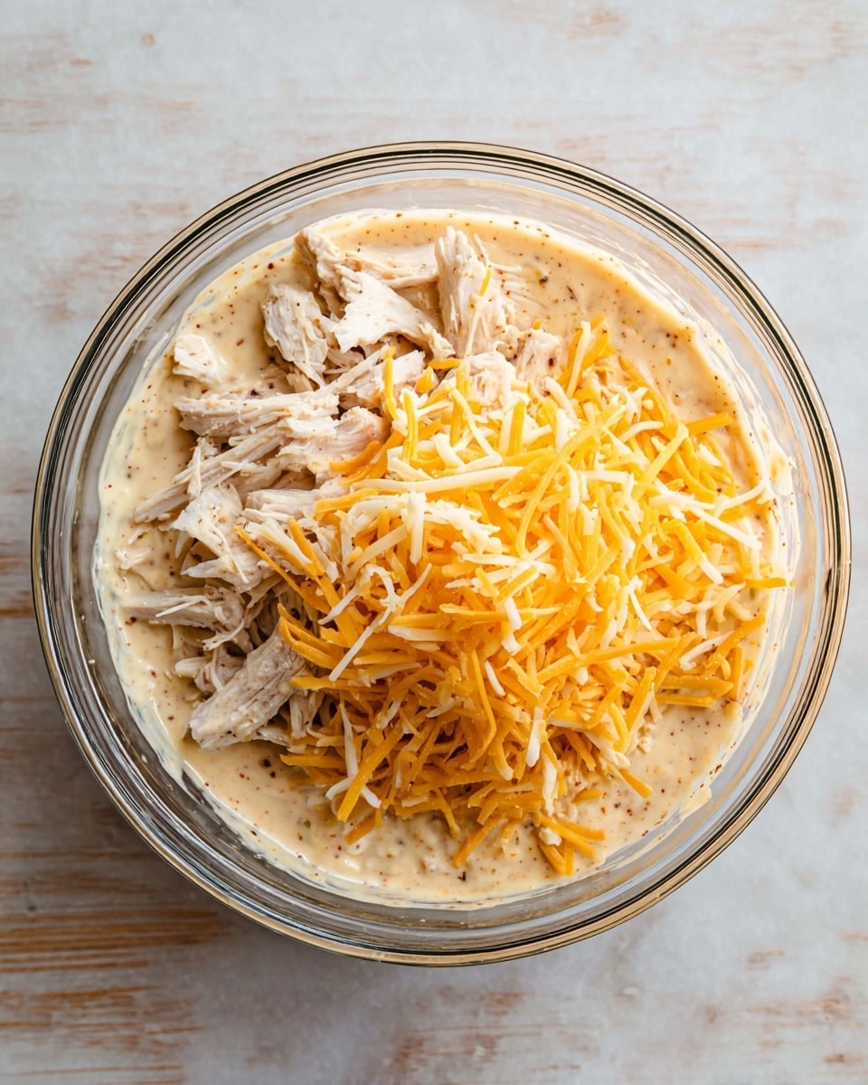 A clear glass bowl sits on a white marbled surface, filled with three visual layers that fill the bowl. The bottom layer is a thick creamy sauce with a light tan color mixed with small specks of seasoning, coating the inside of the bowl. On top of this sauce, there is a layer of shredded chicken pieces which are pale with small browned edges, scattered unevenly over the sauce but mostly piling in the center. Next to the chicken, there is a pile of shredded cheese in two colors: a pale creamy white and a bright orange-yellow, with a slightly soft texture. The bowl is seen from above showing all layers clearly. Photo taken with an iphone --ar 4:5 --v 7