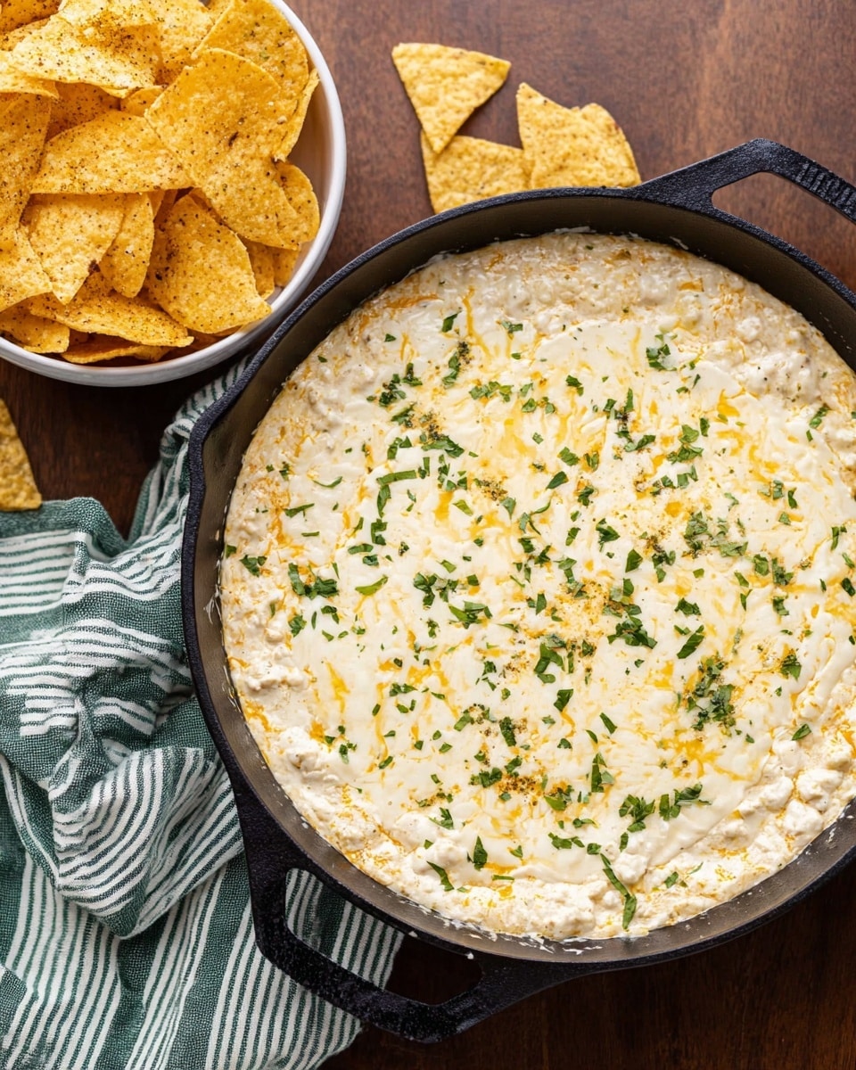 A black pan filled with a creamy cheese dip that has two main layers: a thick white and light yellow melted cheese layer on top with scattered green herb bits sprinkled evenly across, creating a fresh contrast. The dip's base layer is light tan and slightly textured under the cheese. Next to the pan, there is a white bowl filled with golden triangular chips with a light seasoning on them, and a green and white striped cloth is placed beside the pan on a white marbled surface photo taken with an iphone --ar 4:5 --v 7