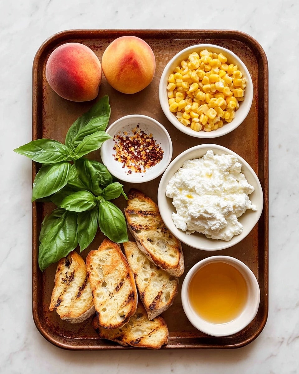 The image shows a rusty brown tray with several food items arranged neatly. At the top left, there are two whole peaches with a reddish-orange skin, next to a small white bowl filled with yellow grilled corn kernels. Below the corn, another white bowl holds a white creamy cheese spread with a textured surface. To the left of the cheese, a small white bowl contains coarse salt mixed with red chili flakes. Fresh green basil leaves rest below the salt bowl, and the bottom left corner of the tray is filled with toasted slices of light golden brown bread with grill marks. At the bottom right of the tray, there is a white bowl with a light amber liquid. The tray is set on a white marbled surface. photo taken with an iphone --ar 4:5 --v 7