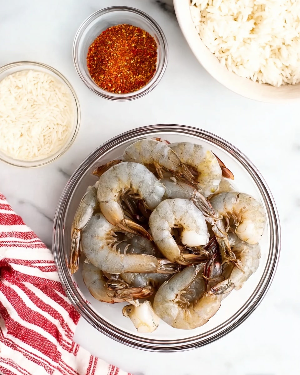 The image shows a clear glass bowl filled with raw shrimp that have a light gray color with darker brown parts on their tails and legs, placed on a white marbled surface. Around the bowl, there is a smaller clear bowl containing red and orange spices, and a white bowl with cooked white rice that looks fluffy and soft. A white and red striped cloth is placed nearby on the white marbled surface. The photo taken with an iphone --ar 4:5 --v 7