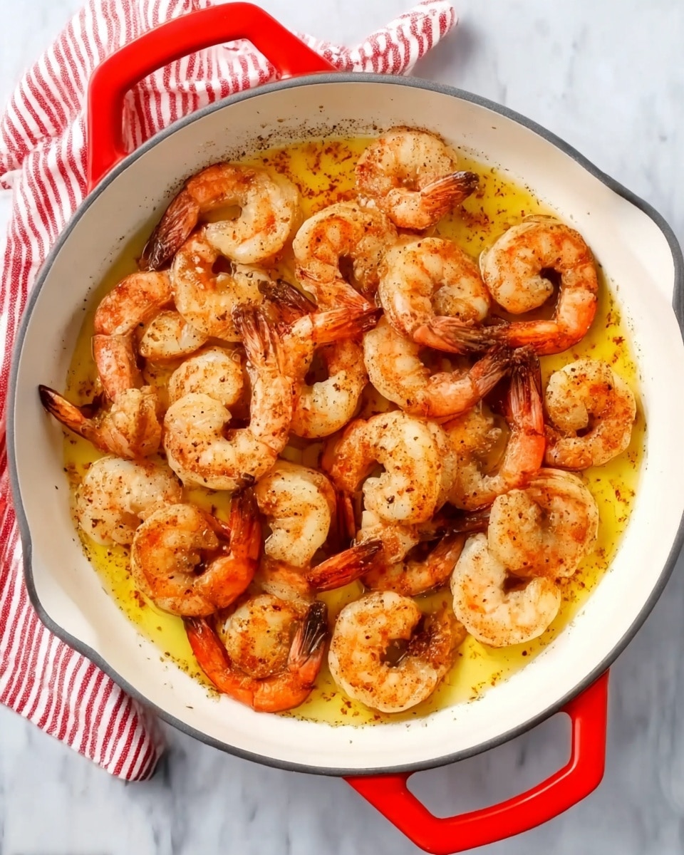 A white round pan with red handles is filled with cooked shrimp arranged in one layer, their shells a mix of light brown and orange tones with a slight shine from cooking oil, lying on a thin layer of yellow-orange seasoned oil. The pan sits on a white marbled surface next to a red and white striped cloth on the left side. Photo taken with an iphone --ar 4:5 --v 7