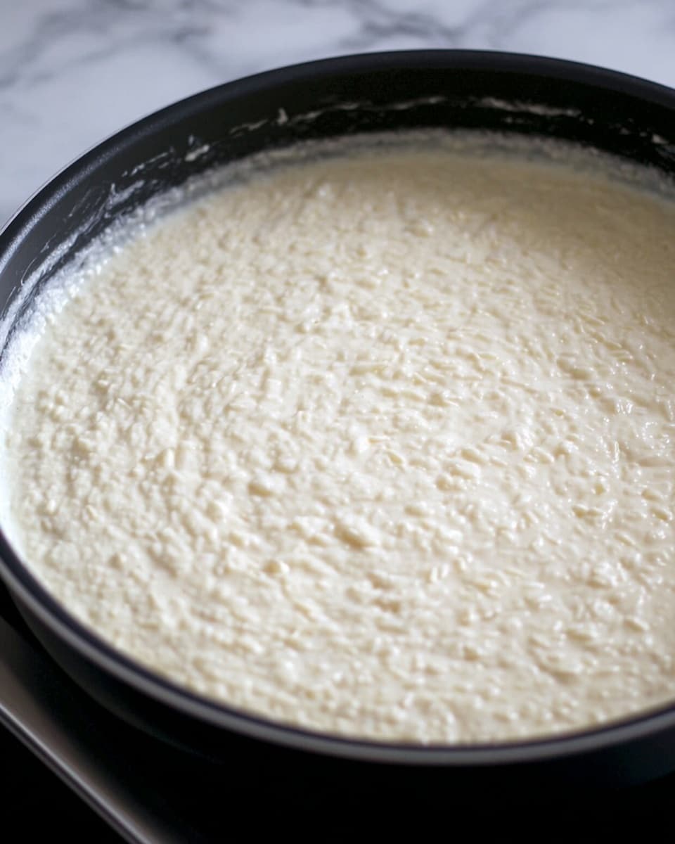 A close-up view of a black pan filled with a thick creamy rice pudding. The pudding is creamy white with visible grains of soft rice spread evenly in the pan. The surface looks smooth and slightly bubbling, with a rich texture that fills the pan almost to the edge. The pan sits on a white marbled surface. photo taken with an iphone --ar 4:5 --v 7