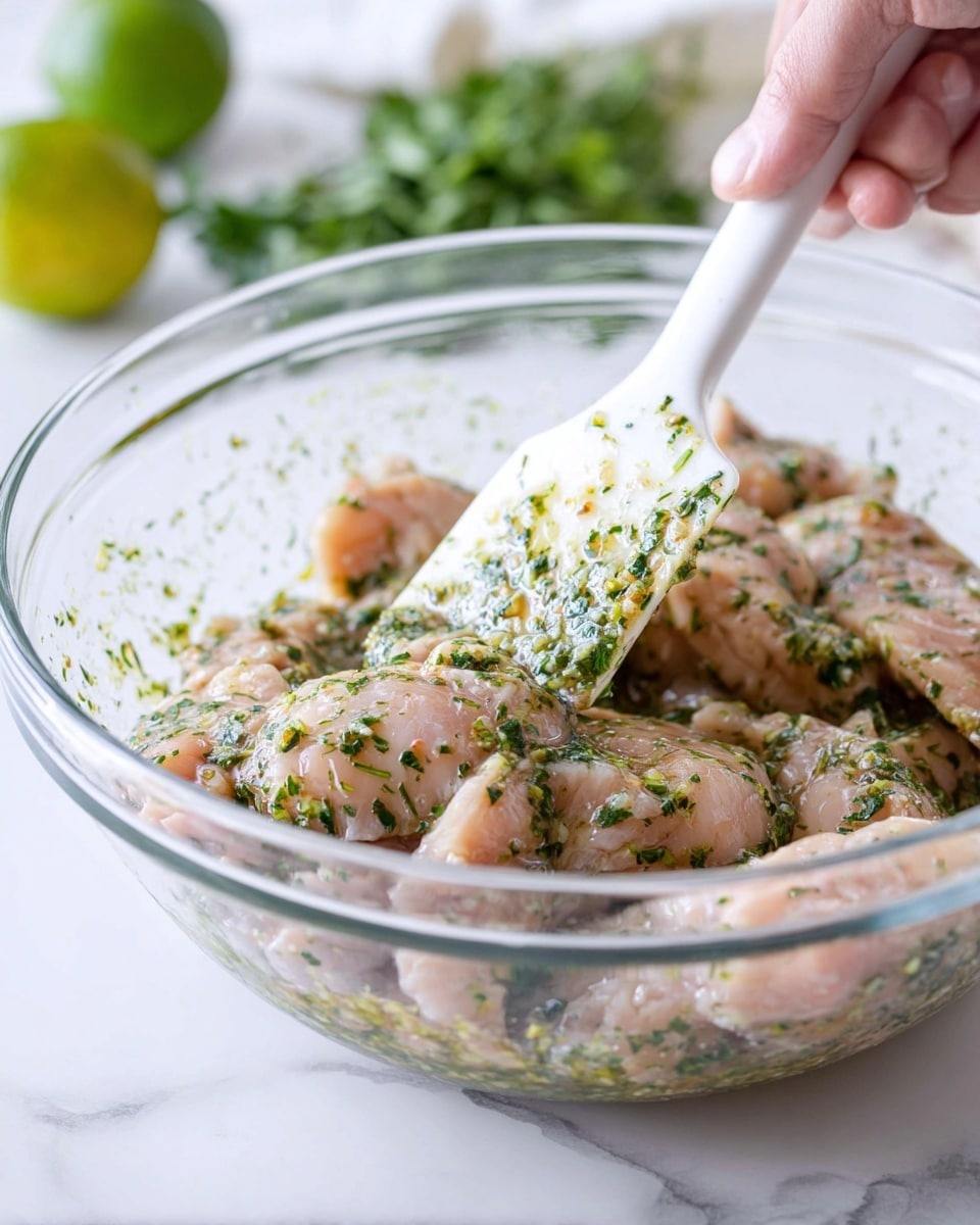 A clear glass bowl sits on a white marbled surface filled with raw chicken pieces covered in a wet herb marinade, showing green bits of chopped herbs spread all over the light pink chicken. A white spatula held by a woman's hand is stirring and lifting some of the marinated chicken, with bits of herbs stuck to the spatula. In the blurred background, a green lime and some fresh green herbs are visible. The image is bright and fresh, focusing on the chicken and marinade inside the bowl. photo taken with an iphone --ar 4:5 --v 7
