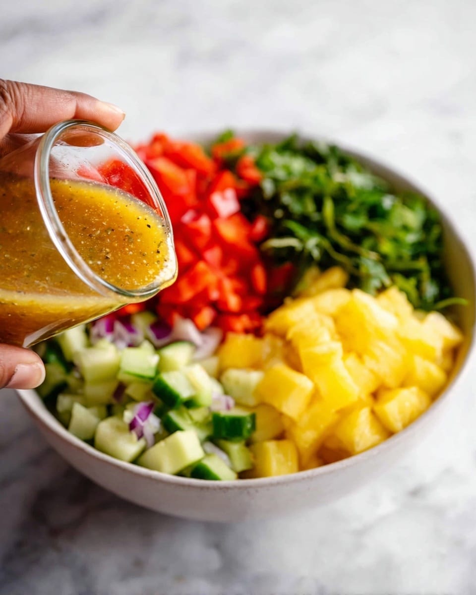 A white bowl sits on a white marbled surface, filled with four layers of chopped ingredients: bright red bell peppers on the top left, leafy green herbs on the top right, green cucumber pieces on the bottom left, and yellow pineapple chunks on the bottom right. In the foreground, a woman's hand holds a small clear glass container filled with a golden brown dressing, poised to pour it over the colorful layers of the salad. Photo taken with an iphone --ar 4:5 --v 7