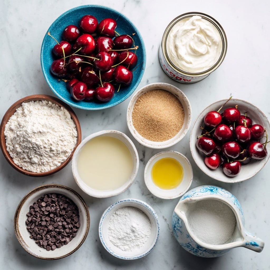 The image shows a top-down view of various baking ingredients arranged neatly on a white marbled surface. At the top left, there is a blue bowl filled with fresh, shiny red cherries with green stems. To its right is an open can of white dairy-free cream for whipping. Below the cherries, a brown bowl holds light brown granulated sugar. In the center right, a large white bowl is filled with white flour. Near the bottom left, a small white bowl contains dark dairy-free chocolate chips, and beside it, a small white plate holds baking soda powder. Next to these, a light blue-gray pitcher is filled with creamy dairy-free milk. In the middle bottom, a small white bowl contains yellow oil, and to the right, another small white bowl has fine white corn starch. A bowl with a blue pattern contains dark brown cocoa powder. Finally, on the right side near the bottom, there is a white bowl filled with bright red canned or jarred cherries in syrup. Everything is placed carefully with clear labels identifying each ingredient. photo taken with an iphone --ar 4:5 --v 7