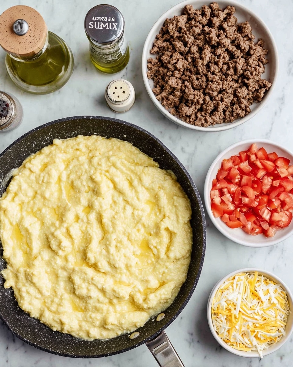 A black skillet filled with a thick, creamy yellow mixture with a slightly chunky texture, spread out unevenly. Next to it, on a white marbled surface, are four white bowls: one containing crumbled dark brown cooked meat, another with bright red chopped tomatoes, a third with a yellow and white shredded cheese mix, and the fourth with a light beige creamy sauce. Nearby are a small glass bottle of green olive oil with a cork, a pepper grinder, and a small jar labeled
