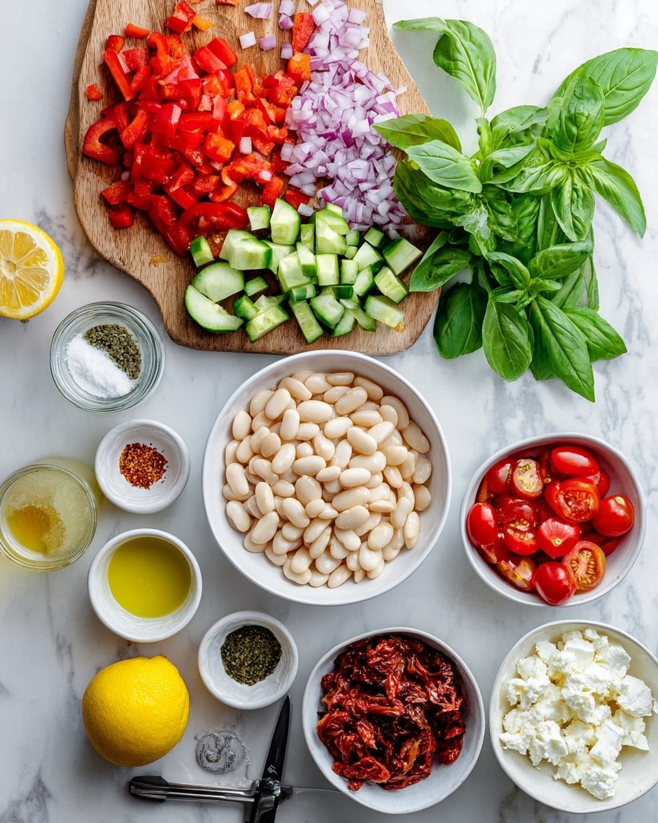 The image shows a white bowl filled with seven main layers. Starting from the left, there are large white butter beans, followed by bright red chopped bell peppers in the front bottom. Next to the peppers, there is a white layer of crumbled feta cheese mixed with some red onion pieces. In the center, there is a large pile of chopped dark green basil leaves. Behind the basil and on the right side, there are chopped light green cucumbers mixed with halved small red cherry tomatoes. On top of the cucumbers and tomatoes, there are sun-dried tomatoes scattered. A stream of light golden dressing is being poured from a white pitcher held by a woman’s hand into the center of the bowl. The entire scene sits on a white marbled surface. photo taken with an iphone --ar 4:5 --v 7