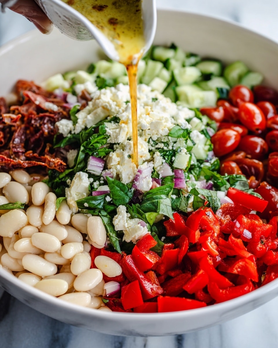 The image shows a collection of fresh ingredients laid out on a white marbled surface. At the top center is a wooden cutting board with chopped red bell peppers, diced red onions, chopped cucumber, and a bunch of fresh green basil leaves. Below the cutting board is a white bowl filled with large white beans. To the right of the cutting board are three small white bowls, one with halved cherry tomatoes, one with chopped sun-dried tomatoes, and one with soft crumbled white cheese. Around these bowls are small dishes holding various seasonings like salt, pepper, chili flakes, and herbs, as well as a halved lemon, a small bowl of mustard, a jar of olive oil, and a citrus juicer with fresh lemon juice inside. A small knife lies near the cutting board, ready for use. The setup is clean and bright, highlighting the fresh colors and textures of the ingredients, photo taken with an iphone --ar 4:5 --v 7