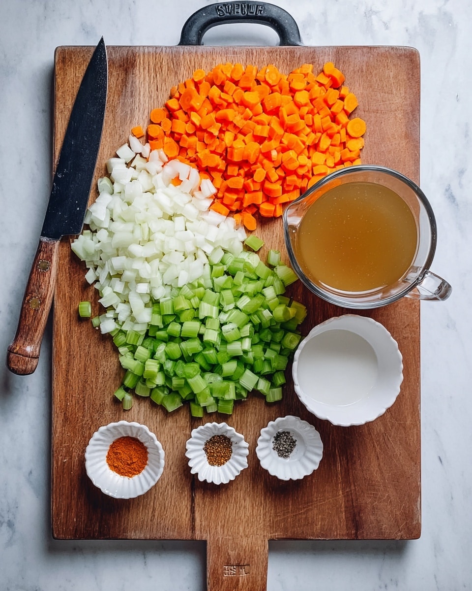 A wooden cutting board with a black handle holds three types of chopped vegetables arranged in layers: bright orange carrot pieces fill the top, small white onion cubes sit in the middle left, and fresh green celery slices cover the bottom. A small white bowl filled with finely minced garlic is placed on the middle right side of the board. Next to the board on a white marbled surface, there is a small white scalloped bowl holding four different spices in small piles—orange, black, brown, and white—and a small white bowl filled with white liquid. A clear glass measuring cup with a handle contains light brown broth on the bottom right. A knife with a wooden handle is resting on the left side of the cutting board. photo taken with an iphone --ar 4:5 --v 7