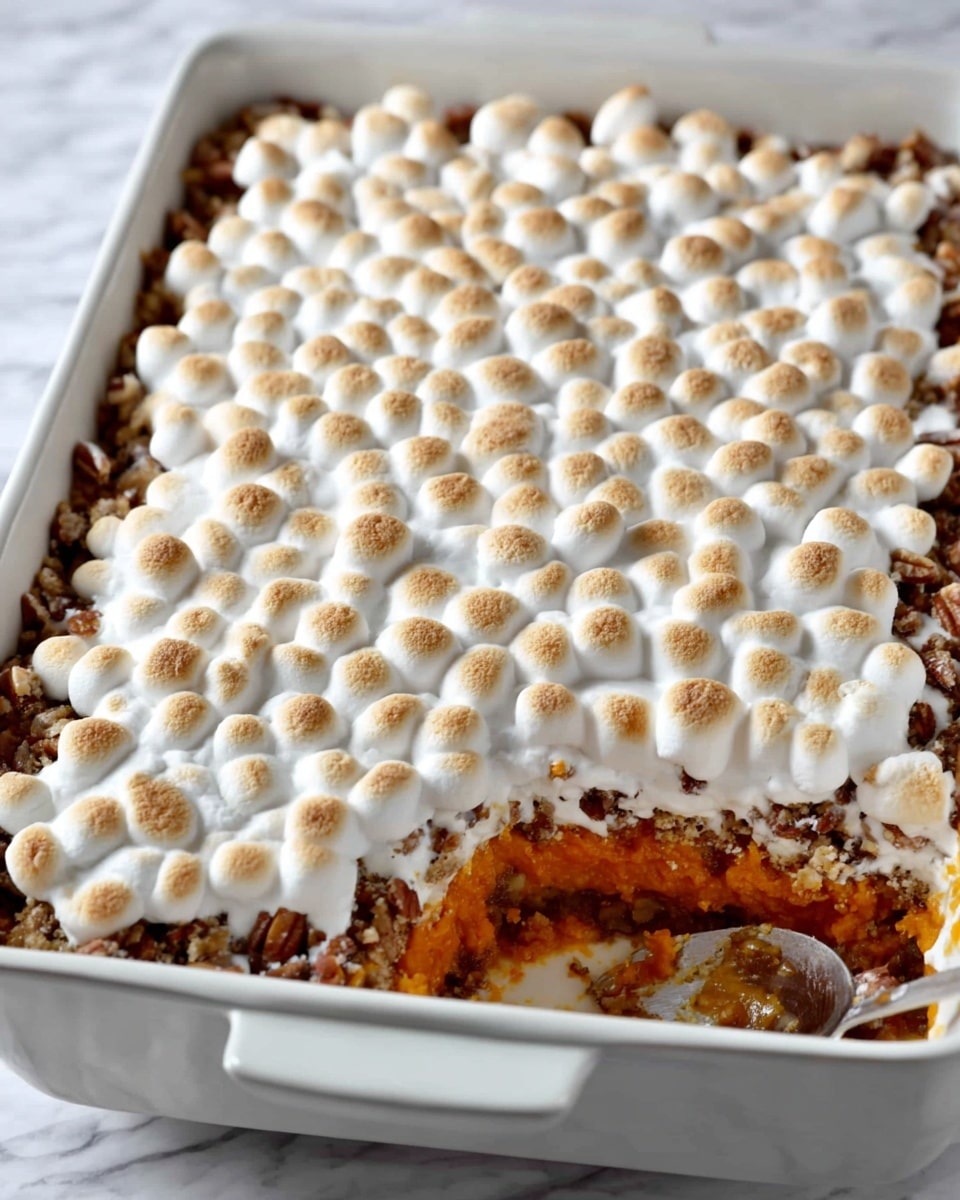 A white rectangular dish filled with layers of a sweet potato casserole topped with a thick, even layer of small toasted marshmallows. The marshmallows are golden brown on top and white in other parts, covering chopped pecans and a slightly textured sweet potato layer beneath. The dish is set on a white marbled surface, showing a cozy and warm dessert ready to serve. photo taken with an iphone --ar 4:5 --v 7