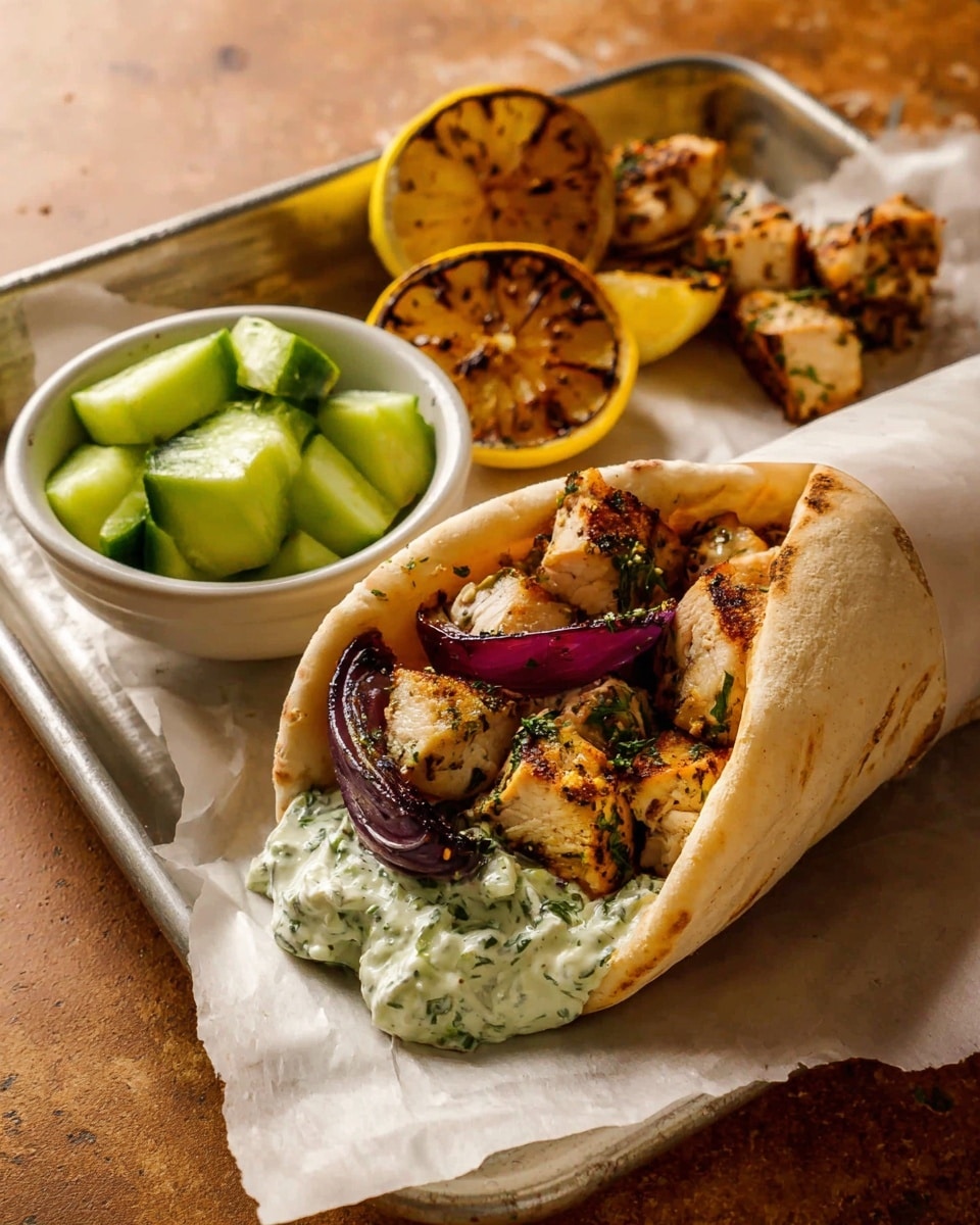 A white pita bread pocket filled with grilled chicken cubes seasoned with herbs, sitting on top of a creamy green herb sauce layer, with charred slices of deep purple onion inside. Next to the pita, a white bowl holds bright green cucumber pieces cut into quarters. Behind the bowl, two charred lemon slices rest on a silver tray that also holds extra grilled chicken cubes. The scene is set on white parchment paper over a metal tray, all placed on a warm brown textured surface. Photo taken with an iphone --ar 4:5 --v 7