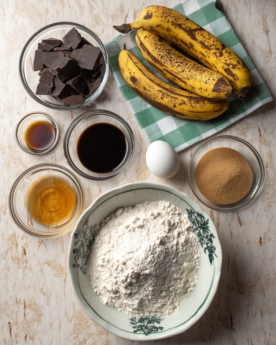 The image shows baking ingredients neatly arranged on a white marbled surface. At the center bottom is a white bowl with dark green floral designs filled with white flour in a soft mound. To the right of the flour bowl, there is a smaller clear bowl with light brown sugar. Above the sugar, a small clear bowl with one raw egg sits next to a tiny clear bowl filled with dark vanilla extract. In the top middle, three very ripe bananas with dark brown spots rest partly on a green and white checkered cloth. To the upper left of the bananas is a clear bowl with dark chocolate chunks, next to it on the left, there is a small clear bowl containing golden syrup, and below that is another small clear bowl with a dark liquid, possibly coffee or molasses. The overall setup is clean and organized. Photo taken with an iphone --ar 4:5 --v 7