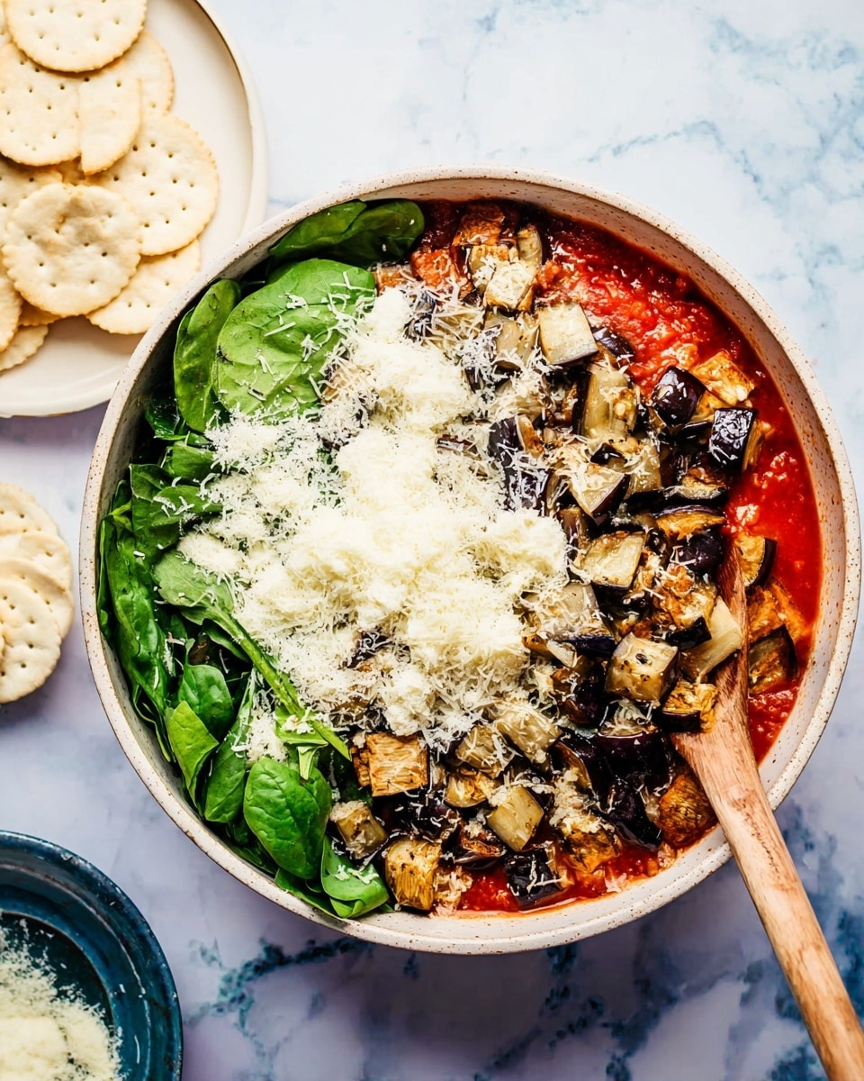A round white bowl filled with four main layers is shown on a white marbled texture surface. The bottom layer is bright red tomato sauce covering the base. On top of it, there is a layer of fresh dark green spinach leaves mostly on one side. Above the spinach, there is a heap of grilled eggplant pieces, which are brown with some black char marks. Scattered over the eggplant and tomato sauce is a generous layer of grated pale white cheese. There is a wooden spoon lying inside the bowl, and to the left on the surface, there is a stack of white round crackers on a white plate. Photo taken with an iphone --ar 4:5 --v 7
