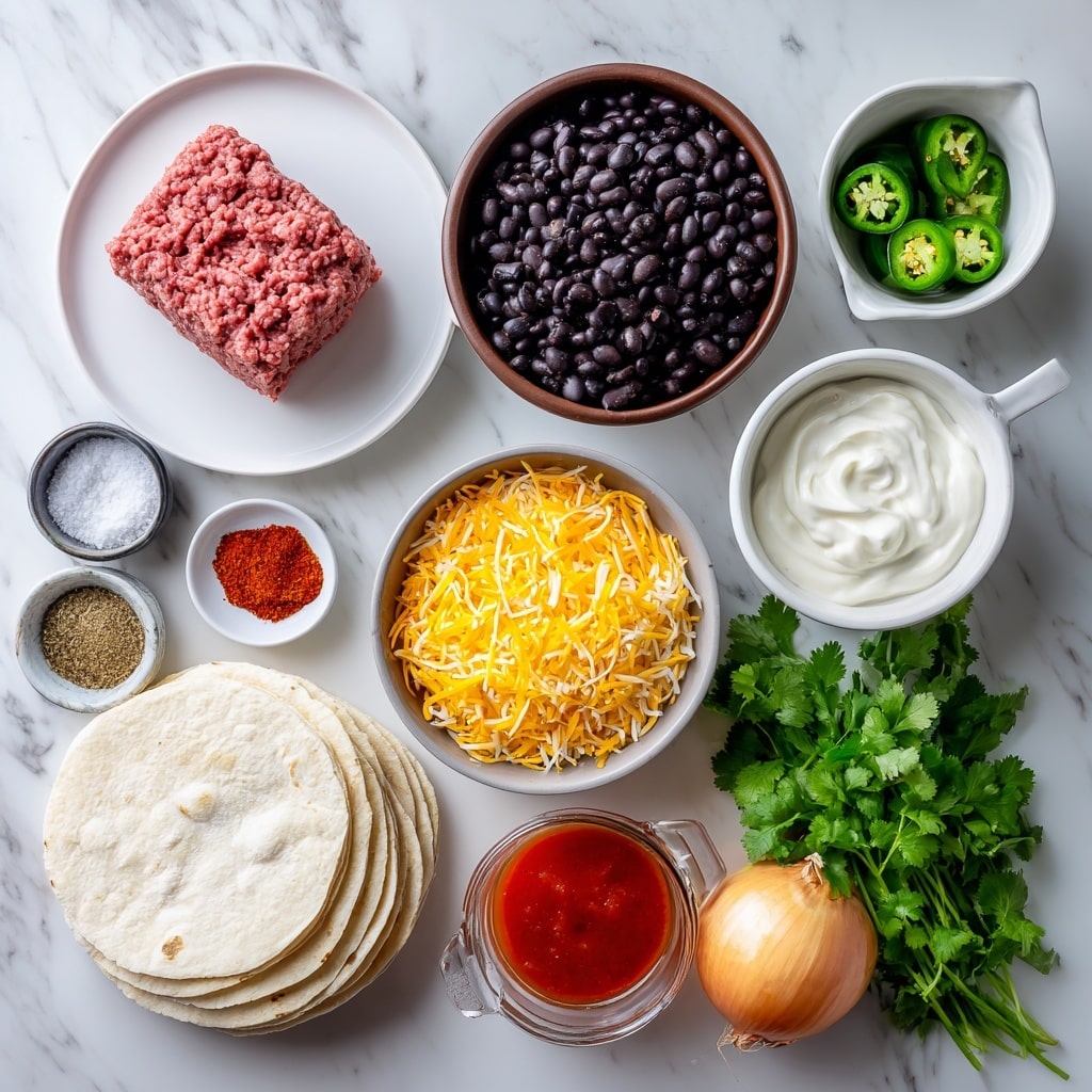 The image shows ingredients arranged neatly on a white marbled surface. At the top left is a white plate with a pink block of ground beef. Below it is a brown bowl filled with black beans. To the right of the beans, there is a small white bowl with green jalapeño peppers and another small white bowl with red chili peppers. A small container of Mexican seasoning is near the center. Next to that is a grayish bowl full of yellow shredded cheddar cheese. Near the top right, there is a bunch of green cilantro. Below the cilantro, a stack of white flour tortillas sits on a white plate. To the right of the tortillas is a white measuring cup holding creamy white sour cream. An onion is placed near the bottom right corner. A small glass jar with bright red tomato sauce is in the center bottom. Behind the cilantro and tomato sauce, there is a small white bowl with salt and pepper. The photo taken with an iphone --ar 4:5 --v 7