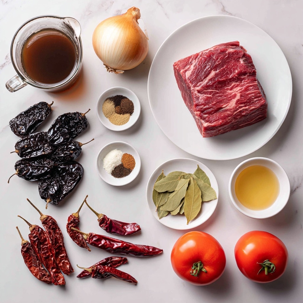 The image shows an overhead view of various ingredients neatly arranged on a white marbled surface. At the top right, there is a thick cut of raw beef chuck roast on a white plate, showing deep red color with white marbling. To the left of the beef is a glass measuring cup filled with dark brown beef broth. Below the broth, there is a cluster of large, dark wrinkled ancho chiles. Around the center are a whole white onion, a whole bulb of garlic, and a small white plate holding several spices in different shades of brown, black, green, and white, arranged in small piles. To the right, a small round dish holds several light green bay leaves. Below the spices and bay leaves are three small, bright red dried arbol chiles and a small white bowl with pale yellow apple cider vinegar. At the bottom left are several large, wrinkled dark red guajillo chiles, and at the bottom right are two smooth, shiny red roma tomatoes. All items are spaced clearly for easy viewing. Photo taken with an iphone --ar 4:5 --v 7