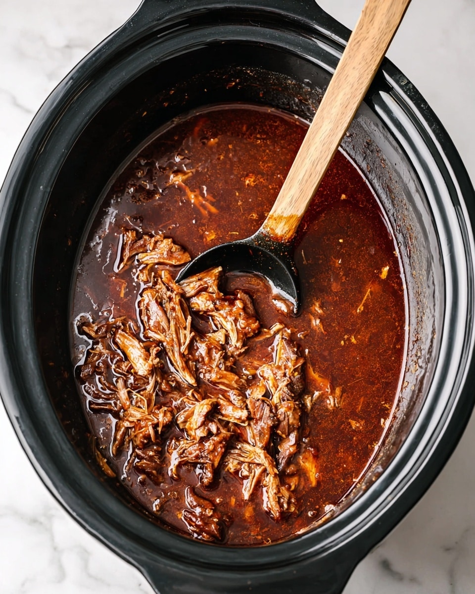 A black slow cooker filled with a rich, dark brown stew that has visible chunks of shredded meat floating in the thick, glossy sauce. The stew looks hearty and oily, with small bubbles and wisps of sauce texture, and a black ladle with a light wooden handle resting inside the cooker, partly submerged in the stew. The slow cooker sits on a white marbled surface. photo taken with an iphone --ar 4:5 --v 7