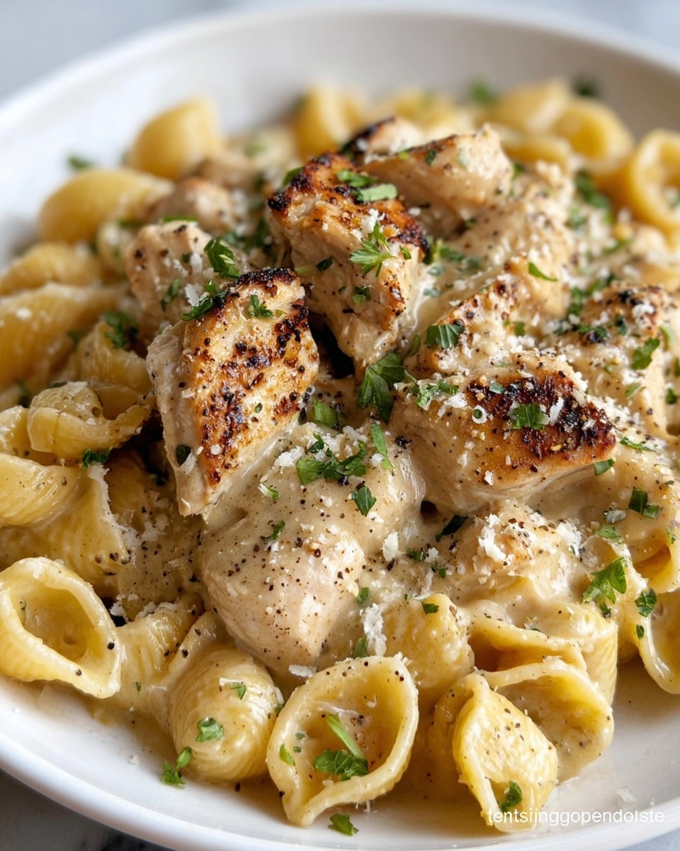 A white plate holds a creamy penne pasta layer with a smooth, light yellow sauce dotted with black pepper. On top, several pieces of golden brown seared chicken are arranged, showing a slightly charred texture with some darker spots, and sprinkled with chopped green herbs. A fine dusting of grated cheese and black pepper covers both the pasta and chicken, adding texture and contrast. The background is a white marbled surface, and the photo taken with an iphone --ar 4:5 --v 7
