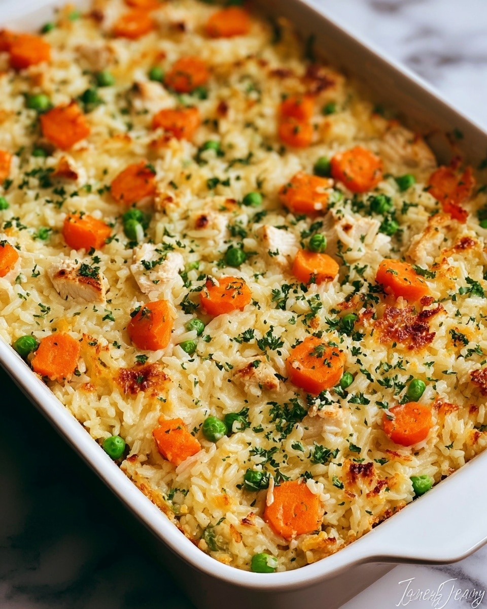 A white baking dish filled with a baked rice casserole topped with small pieces of white chicken, bright orange carrot slices, and green peas scattered evenly. The rice is light yellow and looks soft, mixed with finely chopped green herbs that are spread across the surface. The dish has golden brown spots showing slight browning from baking, giving it a crispy texture on top. The casserole is placed on a white marbled surface, and the image has a warm, inviting feel. photo taken with an iphone --ar 4:5 --v 7