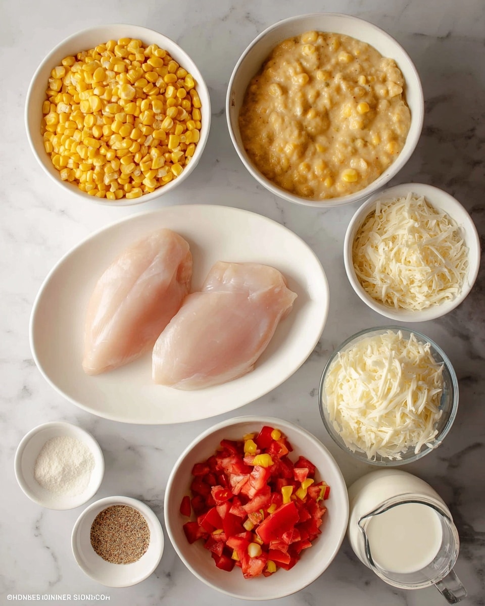 The image shows seven small white bowls and one white plate arranged on a white marbled surface. At the center, the oval-shaped white plate holds two raw, pale pink chicken fillets. Above the plate, two white bowls sit side by side: the left bowl is filled with bright yellow corn kernels, while the right bowl contains a creamy yellow corn mixture with a slightly chunky texture. To the right of the plate, a white bowl holds bright red diced tomatoes with small bits of yellow and orange. Below the plate, a white bowl is filled with shredded white cheese. To the bottom right corner, there is a clear glass measuring cup with white cream. On the bottom left, two small white bowls are shown: the upper one contains small pieces of light minced garlic, and the lower one is filled with a mix of seasonings in brown, black, and pink colors. photo taken with an iphone --ar 4:5 --v 7