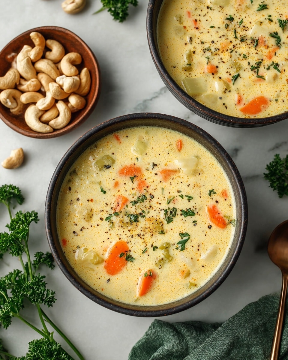 The dish shows a creamy soup in two dark bowls on a white marbled surface. The soup is light yellow and thick with visible orange carrot chunks, small light green celery pieces, and small white potato bits. The soup is sprinkled with small green herbs and ground black pepper on top. Next to the bowls, there is a bowl full of cashew nuts and some fresh green parsley leaves scattered near a green cloth napkin. Photo taken with an iphone --ar 4:5 --v 7