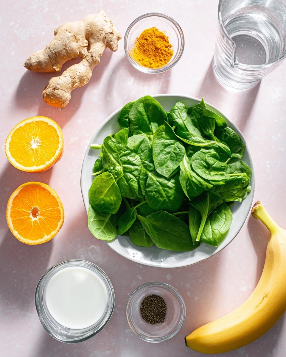 A white bowl filled with bright green spinach leaves sits in the center on a white marbled surface. Around the bowl are small clear glass bowls with bright yellow turmeric powder, and ground black pepper. A fresh ginger root with a light brown bumpy texture is placed near the top left. To the bottom left, there are two orange halves showing bright orange flesh. On the right side, there is a small silver cup with white milk, a clear glass jug with water, and a whole peeled banana with a pale yellow color. The setup is bright and neatly arranged. photo taken with an iphone --ar 4:5 --v 7