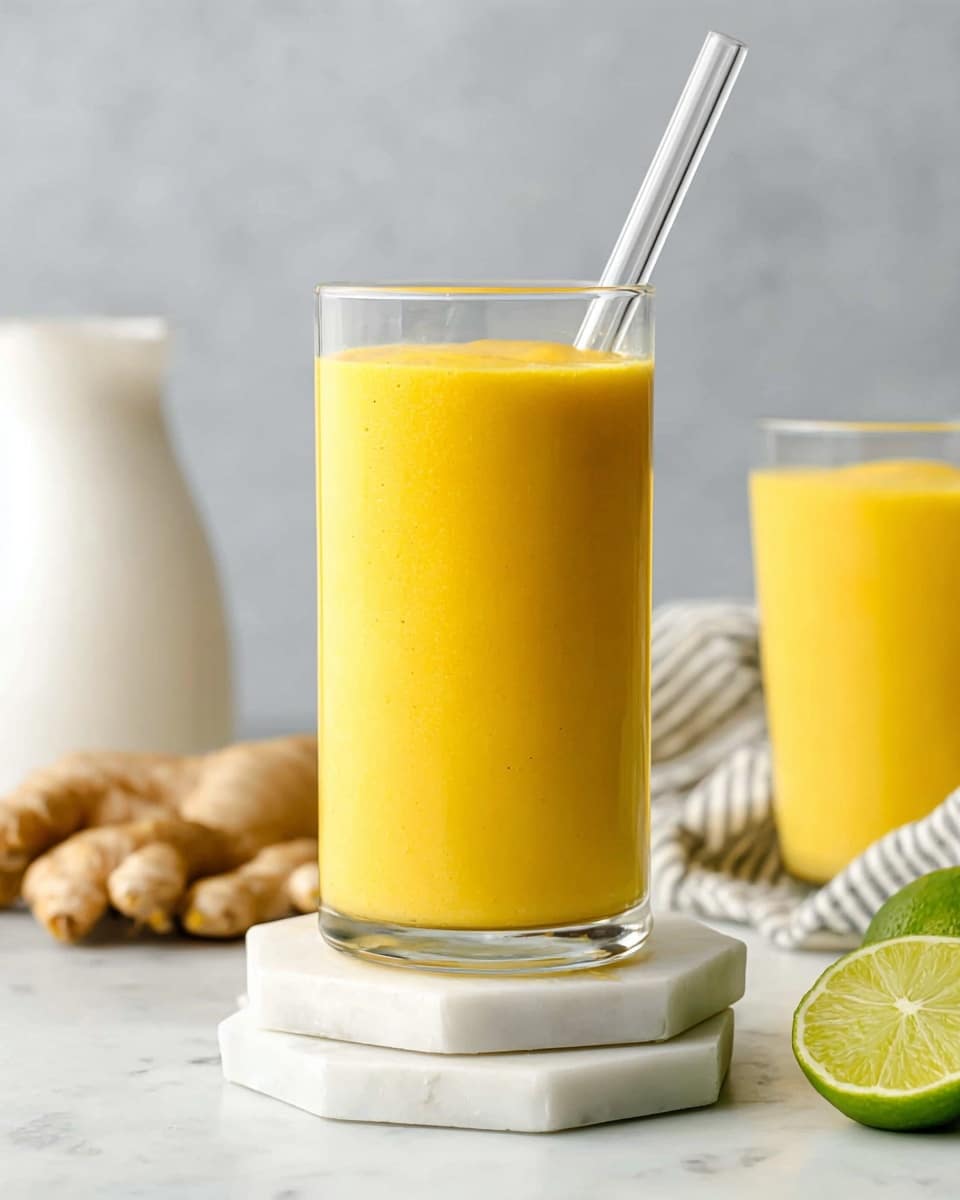 A tall clear glass filled with a smooth, bright yellow smoothie stands on two stacked white marble hexagonal coasters on a white marbled surface; the smoothie has even texture and reaches near the rim, with a clear glass straw inside leaning to the right. In the background, there is another smaller clear glass with the same yellow smoothie, a handful of ginger root, and a halved lime placed on the surface, along with a white pitcher blurred in the far back. A striped cloth is partially visible on the right side near another lime half. The background is a soft light grey with slight texture. photo taken with an iphone --ar 4:5 --v 7