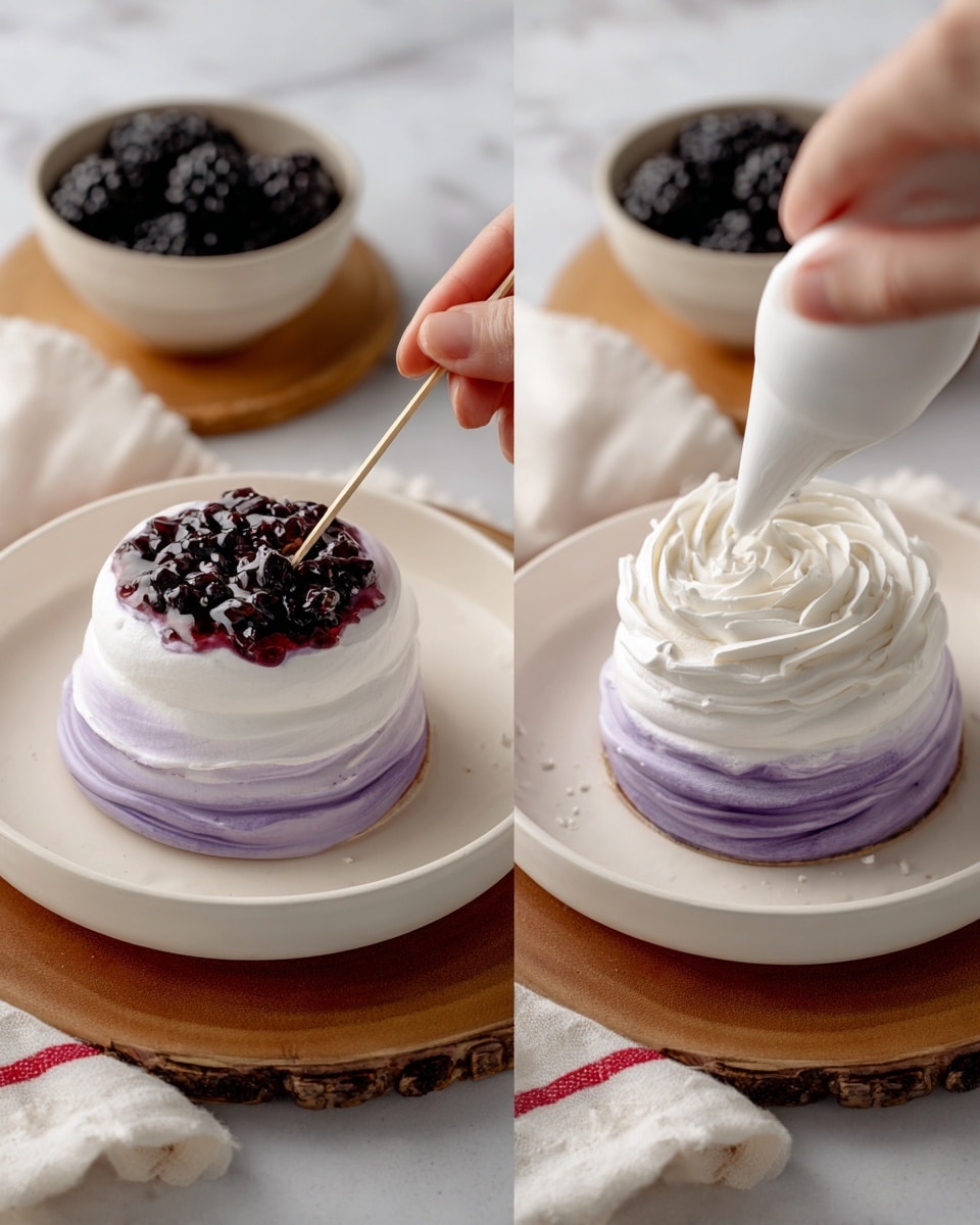 A small round dessert with two visible layers sits in the center of a white plate on a wooden round board. The bottom layer is a swirl of light purple with a soft, slightly glossy texture, and the top layer is white cream shaped into delicate spirals with a fluffy, smooth texture. On the left side image, a woman's hand holds a thin wooden stick placing dark purple, shiny berry jam on the cream. On the right side image, the woman's hand holds a white piping bag squeezing more cream in a circular motion on top of the dessert. In the background, a bowl of shiny blackberries sits on a small wooden slab, next to a white cloth with a red line, all placed on a white marbled surface. Photo taken with an iphone --ar 4:5 --v 7