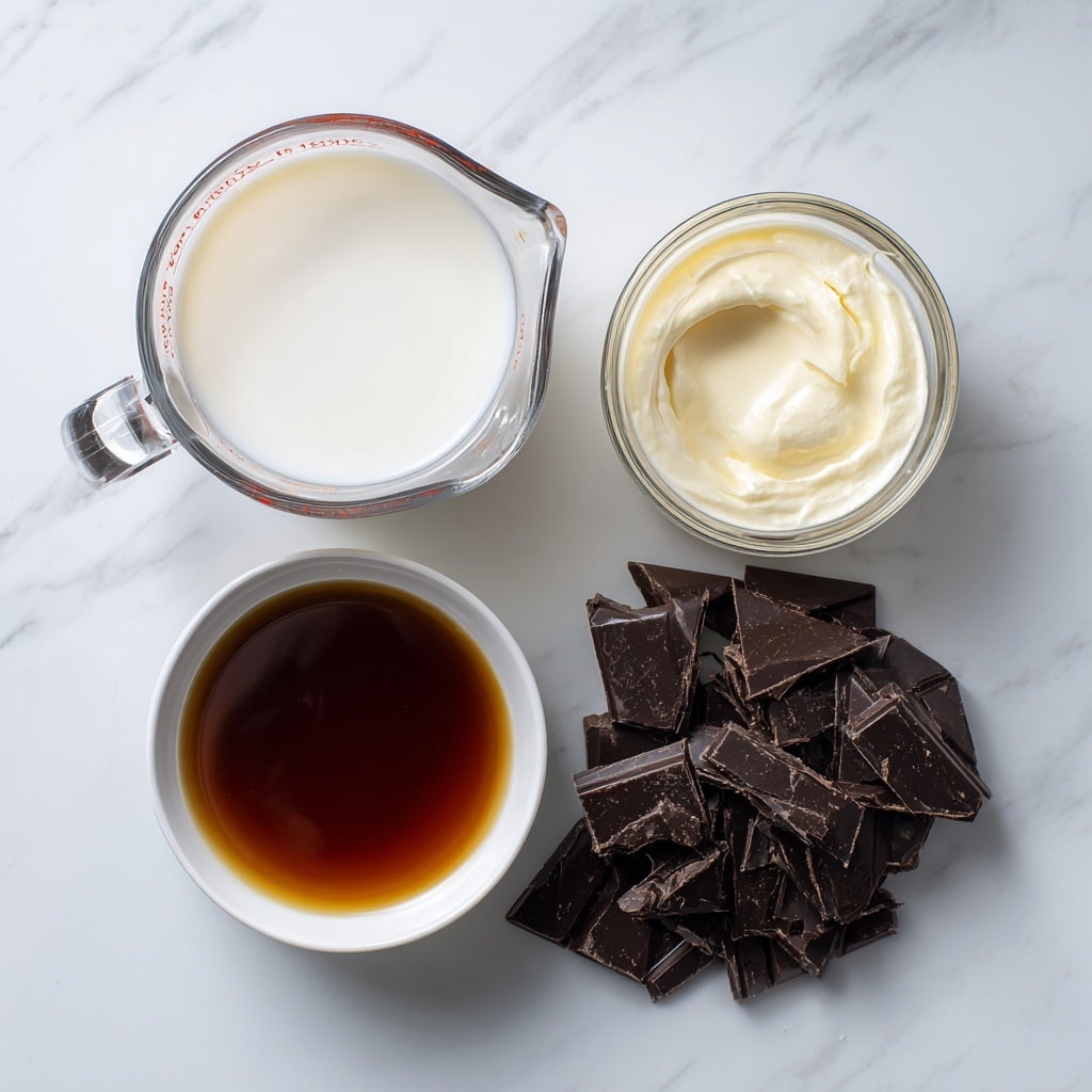 The image shows four ingredients arranged neatly on a white marbled surface. On the top left, there is a glass measuring cup filled with white milk. On the top right, there is a smaller glass measuring cup filled with light cream called heavy cream. Below the milk, to the left, is a small white bowl with dark brown vanilla liquid inside. To the right, at the bottom, there are large dark chocolate pieces broken into smaller chunks scattered below the heavy cream. Each ingredient is labeled with simple black text on the white marbled background. Photo taken with an iphone --ar 4:5 --v 7