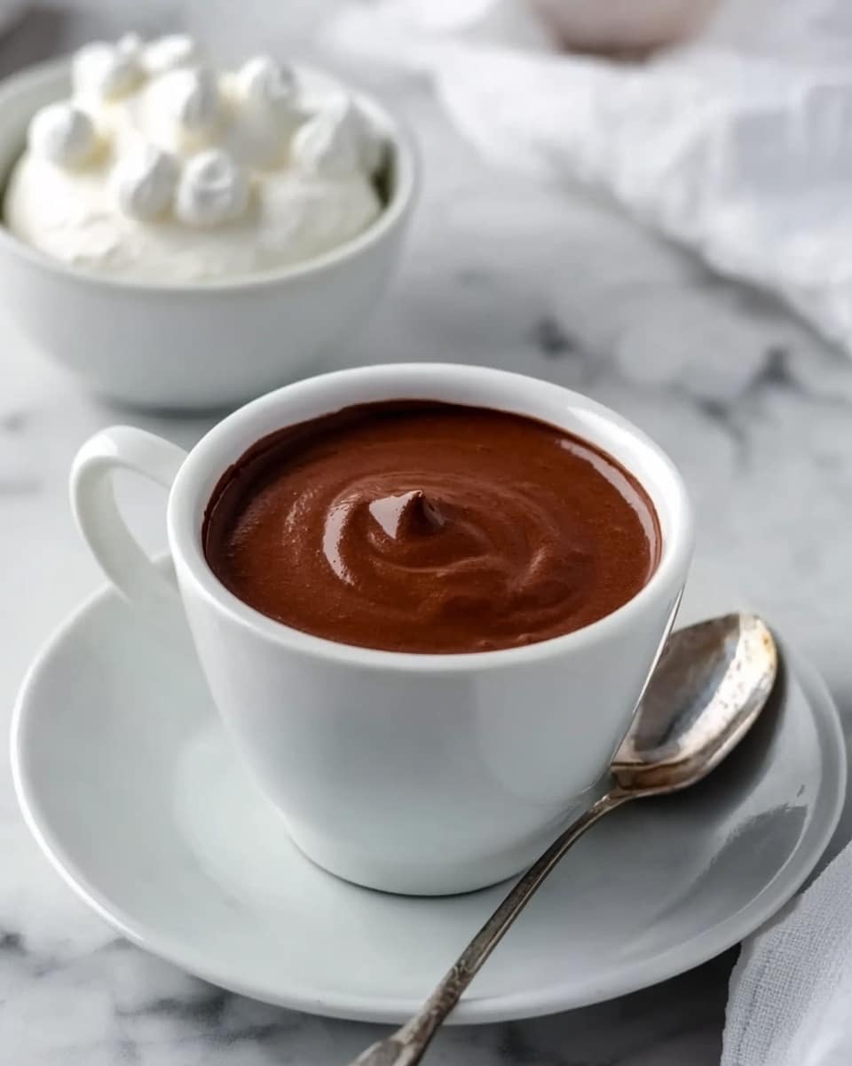 A white cup filled with smooth, rich brown chocolate pudding sits on a white plate, next to a shiny metal spoon on the right side. In the softly blurred white marbled background, a white bowl contains soft white whipped cream with small dollops on top. The pudding has a few gentle swirls on its surface showing its thick texture. Photo taken with an iphone --ar 4:5 --v 7