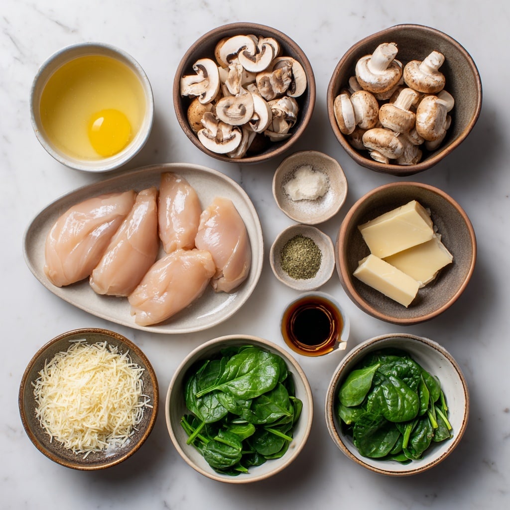 This close-up image shows several pieces of light brown chicken with a slightly golden seared surface, sitting in a creamy white sauce that has a smooth yet slightly thick texture. Scattered among the chicken are dark brown sliced mushrooms with a soft texture and some fresh green spinach leaves adding contrast. The sauce has small black pepper specks and herbs visible throughout, giving it a seasoned look. The whole dish appears rich and creamy, captured in vivid detail against a white marbled background. Photo taken with an iphone --ar 4:5 --v 7