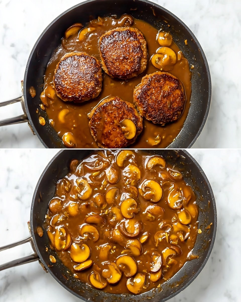 A black frying pan is shown from above on a white marbled surface, containing three browned patties sitting in a pool of thick brown sauce mixed with many light brown sliced mushrooms. In the second view, the patties are covered with the same sauce and mushrooms, making the patties look glossy and coated. The sauce is rich and smooth, filling the pan around and over the patties while the mushrooms float on top. The pan handle extends out to the left side. Photo taken with an iphone --ar 4:5 --v 7