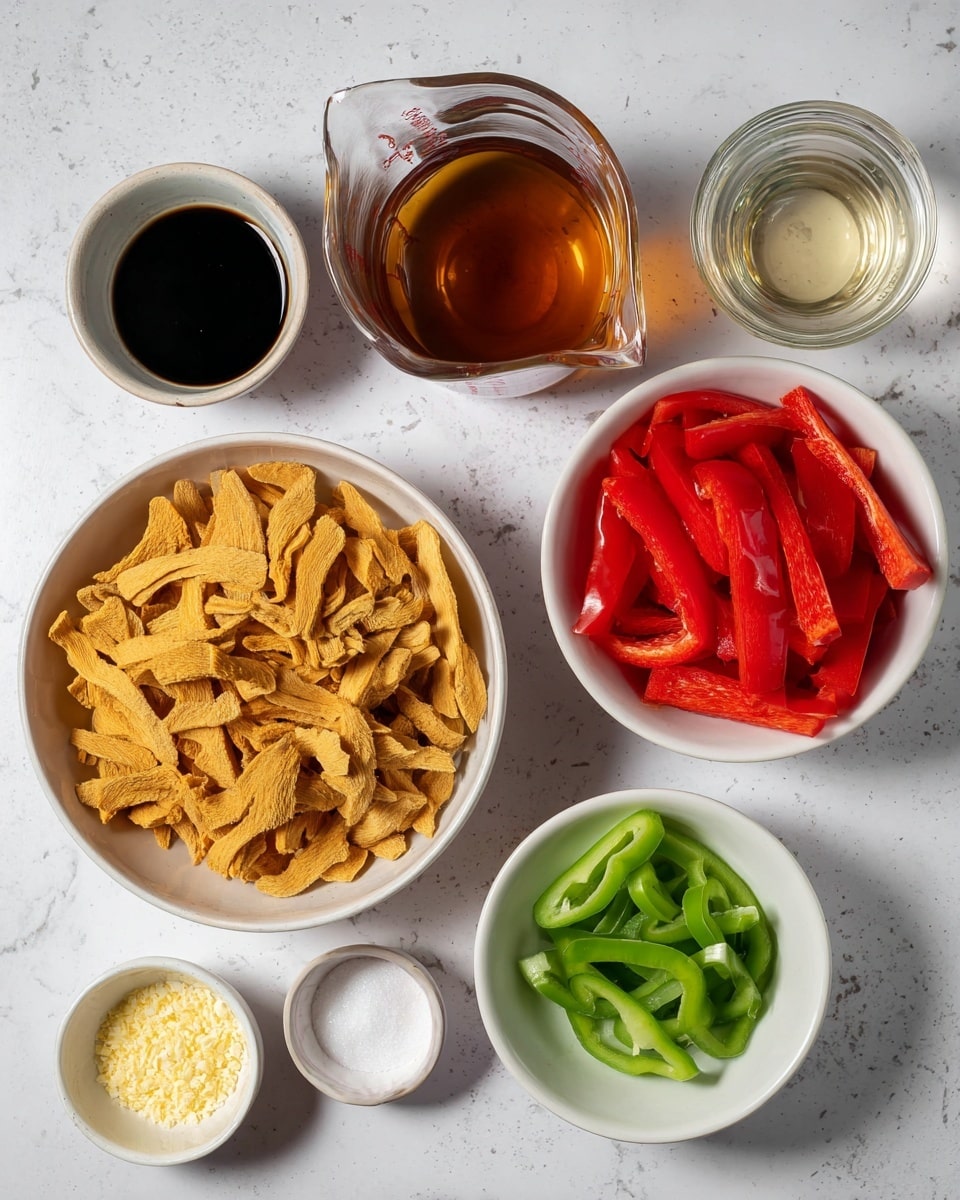 The image shows several white bowls and small jars arranged on a white marbled surface. In the center, a white bowl is filled with yellowish-brown strips with a rough texture. To the right, another white bowl contains long, bright red slices of pepper. Below the red peppers, a smaller white bowl holds thin, fresh green pepper slices. Near the bottom center, a tiny white bowl contains a white powdery substance. To the left of the central bowl, a small white bowl features finely minced light yellow and off-white ingredients. Two small jars, one with a dark liquid and another with clear liquid, sit near the top left. A glass measuring cup filled with brown liquid and a second glass measuring cup with clear liquid are on the right side. Photo taken with an iphone --ar 4:5 --v 7