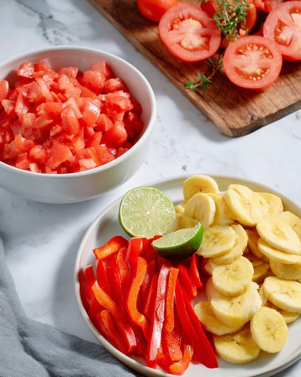 The image shows a white bowl filled with a colorful meal arranged in three parts: on one side, white fluffy rice; next to it, fresh green spinach leaves; and on top, a mix of cooked yellow plantain slices, light beige chickpeas, red bell pepper strips, and small pieces of tomato, all in a light sauce. A lime wedge sits on the spinach, and a silver spoon rests inside the bowl. The bowl is placed on a white marbled surface. In the background, two more white bowls with similar food and a lime wedge are partially visible. photo taken with an iphone --ar 4:5 --v 7
