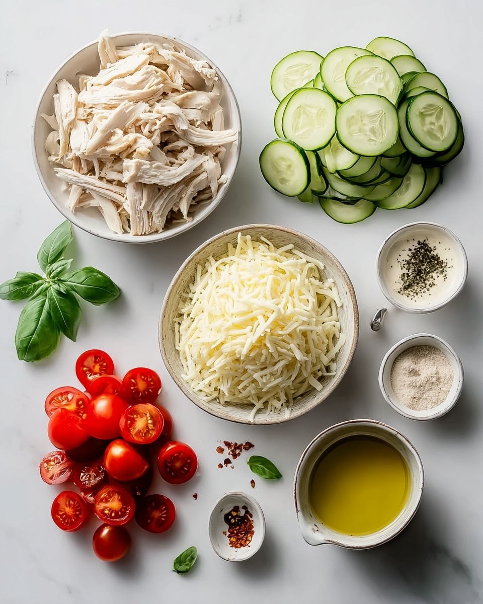 The image shows ingredients neatly arranged on a white marbled surface. In the center is a bowl filled with shredded white cheese. Above it to the left is a pile of shredded light beige chicken, and to the right are two stacks of thinly sliced cucumber rounds, dark green on the edges with pale green centers. Below the chicken is a small cluster of halved bright red grape tomatoes. Around the main ingredients are small bowls and containers with various seasonings, including a mix of salt and pepper, a powdery beige spice, creamy white sauce in a bowl, a bowl with golden-yellow oil, and a tiny spoon holding red pepper flakes. Fresh basil leaves with deep green color are also scattered near the seasonings. Photo taken with an iphone --ar 4:5 --v 7
