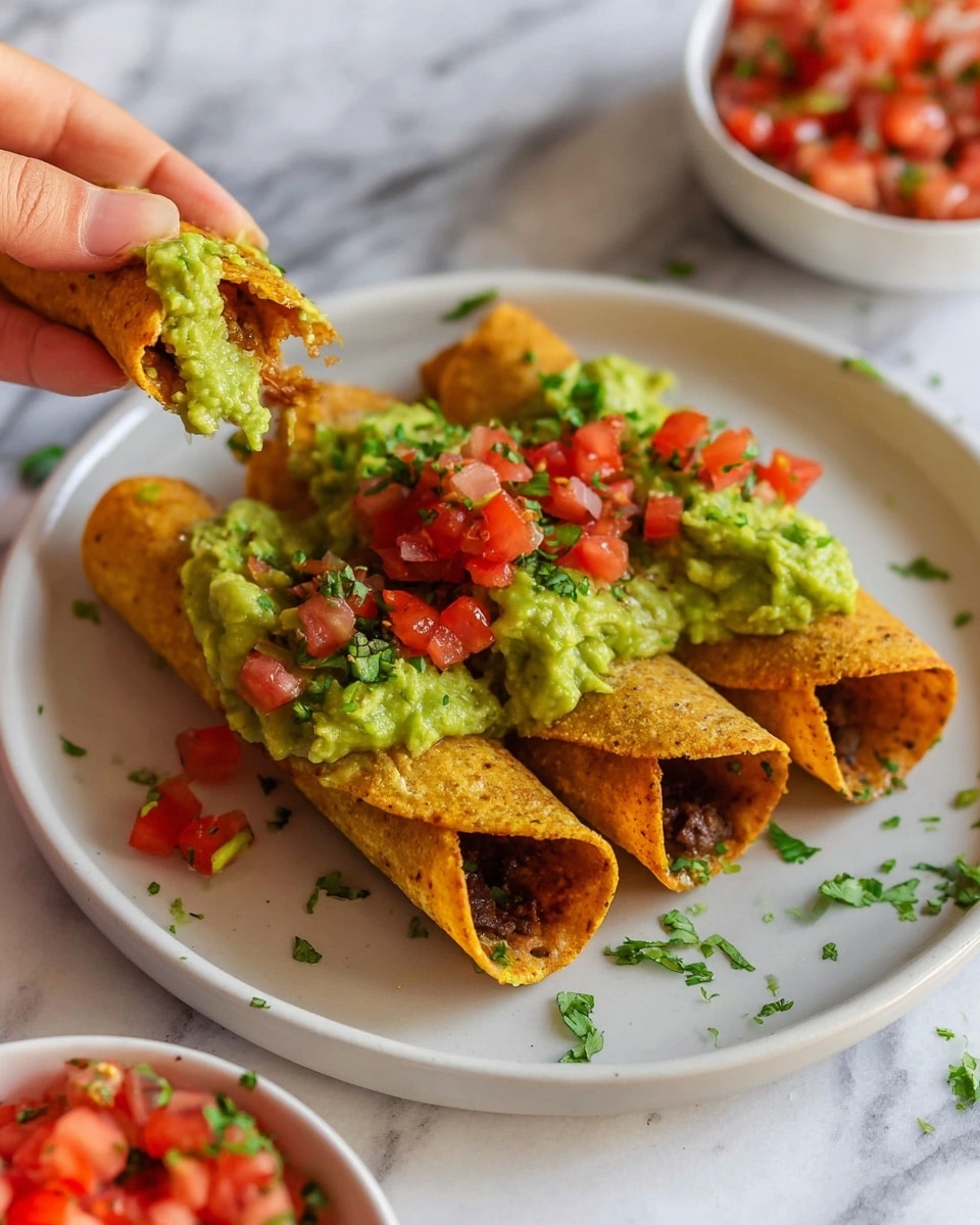 Four rolled tacos with a crispy golden-brown shell lie on a white plate. Three tacos are placed side by side, topped with a thick layer of green guacamole mixed with bits of chopped tomatoes and herbs, and a fresh, chunky red salsa on top. The fourth taco is held by a woman's hand, with a bite taken out, showing a dark filling inside. Small pieces of tomato and chopped green herbs are scattered on the plate and white marbled surface. In the foreground, there is a white bowl filled with red diced tomatoes and green herbs. Photo taken with an iphone --ar 4:5 --v 7