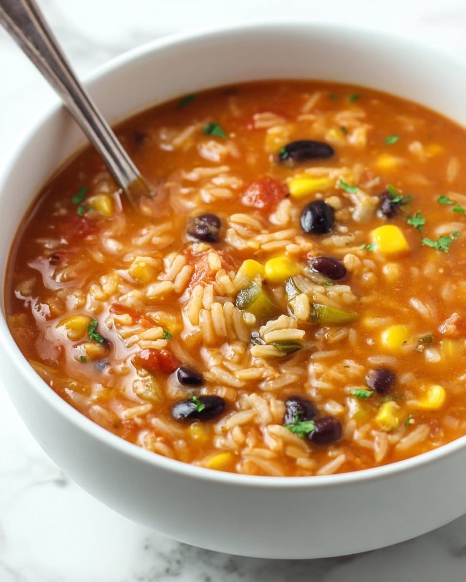 A close-up view of a white bowl filled with a thick, orange-red soup that has visible grains of white rice, bright yellow corn kernels, black beans, and small bits of green bell pepper mixed within the broth. Tiny green herb pieces are scattered on top for garnish. A silver spoon rests inside the bowl at the left side, dipping into the soup. The bowl sits on a white marbled surface. Photo taken with an iphone --ar 4:5 --v 7