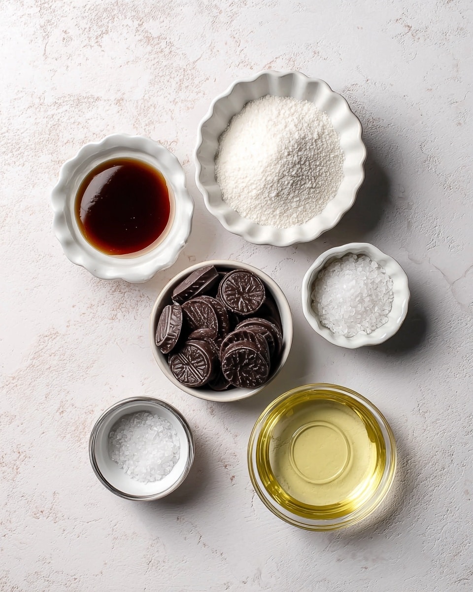 The image shows six small white bowls on a white marbled surface, each holding a different baking ingredient. From left to right, there is a bowl with dark brown vanilla extract, a larger scalloped bowl filled with fine white powdered sugar, a bowl with dark oval chocolate pieces, a small bowl with white salt flakes, a medium bowl with clear golden liquid, and another medium bowl with a pale yellow liquid. The bowls are neatly arranged in a loose circular pattern, viewed from above, with soft natural light highlighting the textures and colors of the ingredients. Photo taken with an iphone --ar 4:5 --v 7