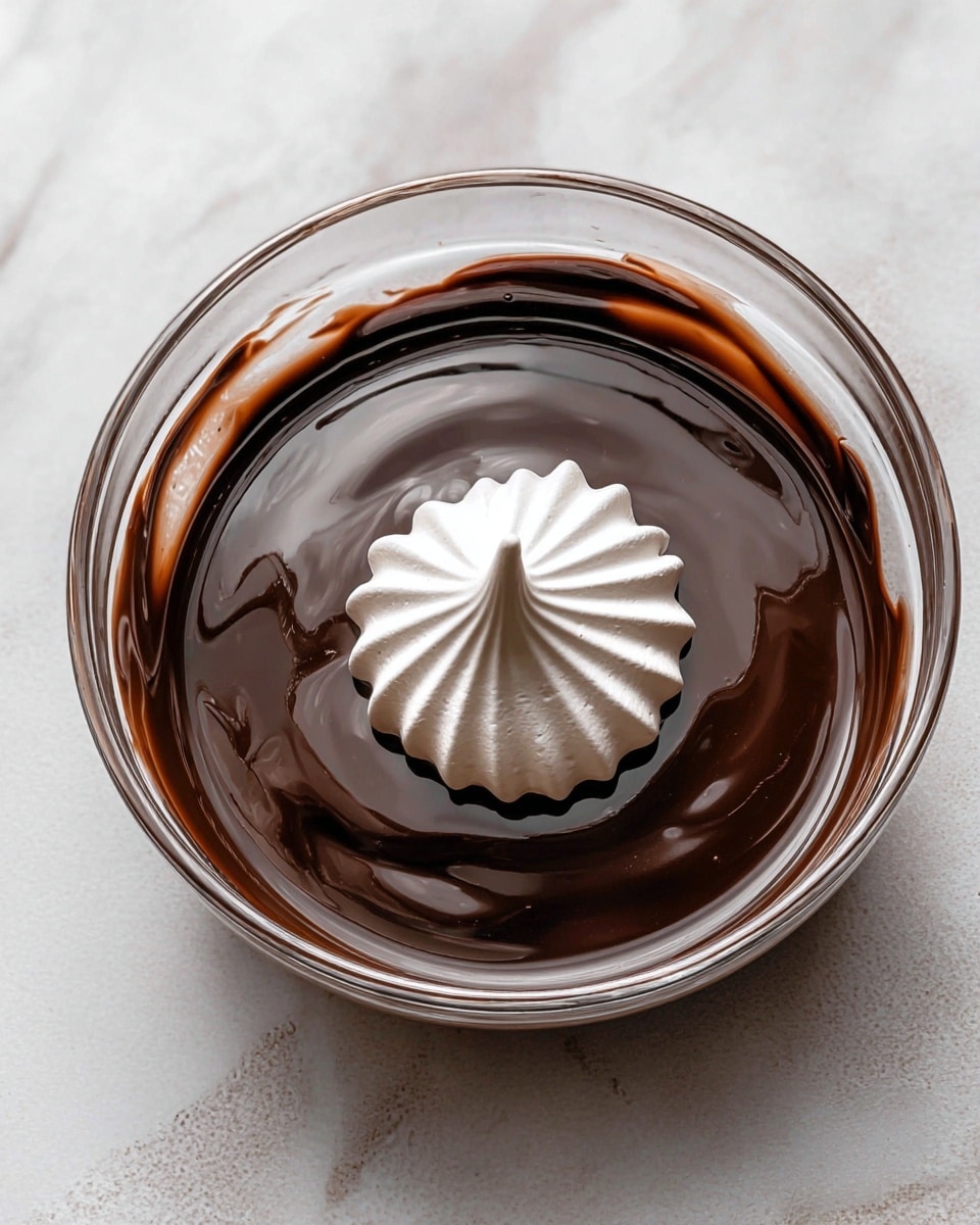 A clear glass bowl filled with smooth, dark brown melted chocolate that has a shiny, glossy texture. In the center of the chocolate, there is a single white meringue cookie with a swirled, ridged pattern and a pointed tip. The outside edge of the bowl has traces of chocolate, showing the rich texture and thickness of the melted chocolate. The bowl is placed on a surface with a white marbled texture. photo taken with an iphone --ar 4:5 --v 7