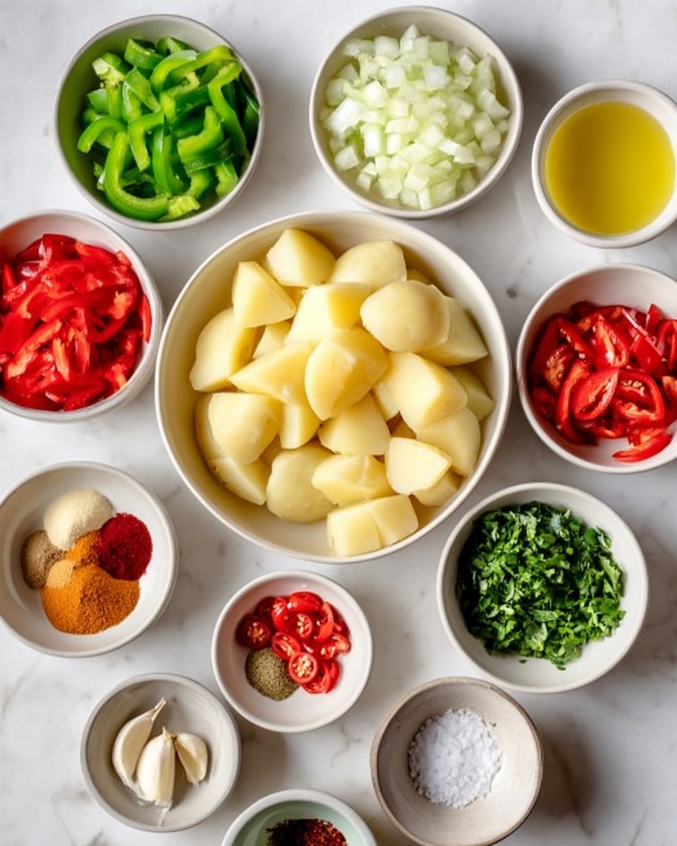 A close-up of a white bowl filled with a thick, colorful stew-like dish featuring soft yellow chunks that appear like dumplings or potatoes, mixed with a rich orange sauce. The sauce has visible bits of red tomatoes and small green pieces, likely herbs and vegetables, scattered throughout, giving it a fresh touch. The dish is topped with finely chopped green herbs, adding a contrast to the warm colors below. The bowl rests on a dark blue cloth with a white marbled surface underneath. Photo taken with an iphone --ar 4:5 --v 7