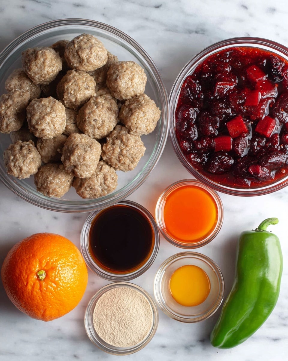 A clear bowl filled with small, round, light brown meatballs sits on a white marbled surface. Next to it is another clear bowl filled with dark red sauce with chunks of red fruit or vegetables. Below these bowls are smaller clear containers holding different sauces and ingredients: a dark brown liquid, a bright orange liquid, a pale beige powder, and a light yellow liquid. On the left side, there is a whole bright orange fruit, and on the right side, a whole green chili pepper. The image is taken from above showing all items clearly arranged photo taken with an iphone --ar 4:5 --v 7