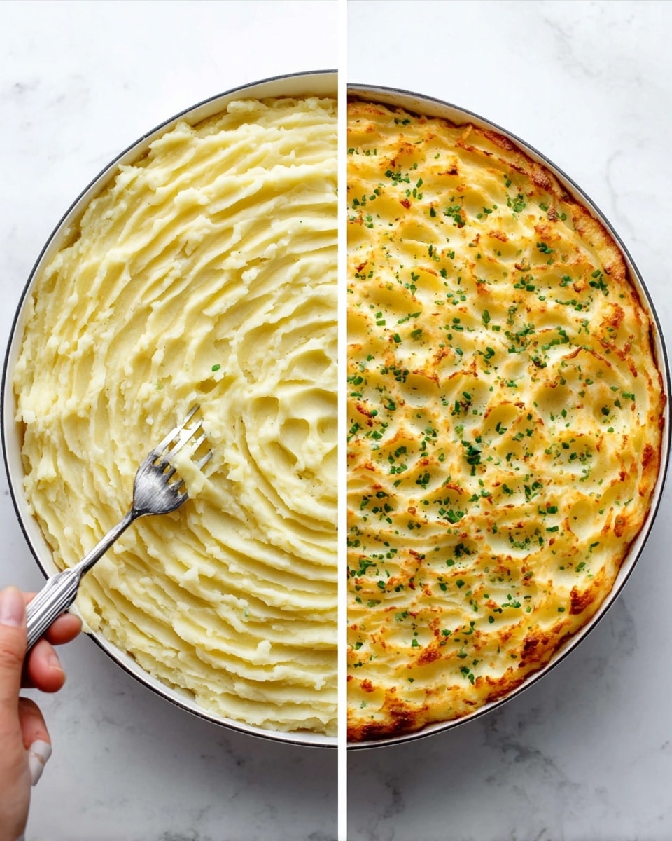 The image shows a round white bowl filled with mashed potatoes. The potatoes are spread out evenly in the bowl and have wavy fork marks creating a textured pattern on top. In the left part of the image, a woman's hand is using a fork to make the wavy pattern. In the right part of the image, the mashed potatoes are browned and baked on top with a golden color, sprinkled with small green herbs. The bowl is placed on a white marbled surface. photo taken with an iphone --ar 4:5 --v 7