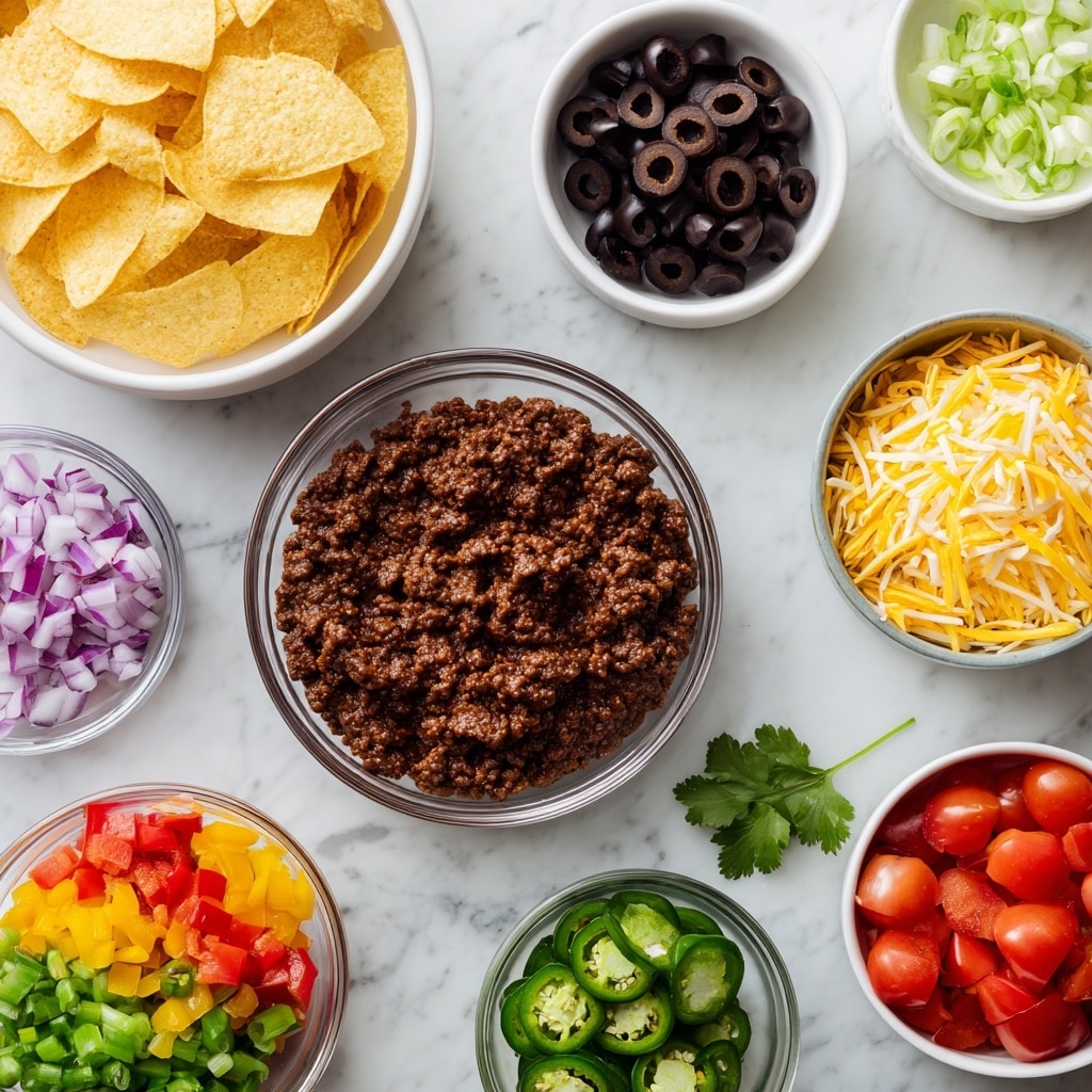 A top view shows a white bowl filled with light yellow tortilla chips on the top left, and next to it on the right, a white bowl with smooth, tan refried beans. Below, a glass bowl of dark brown seasoned ground beef sits in the center. To the right of the beef are small bowls with black sliced olives and bright green jalapeno slices, while a few fresh green cilantro leaves sit nearby on the white marbled surface. To the left of the beef are small glass bowls filled with chopped green onions, colorful diced red and green bell peppers, a mix of yellow and white shredded cheese, chopped purple-red red onions, and bright red diced tomatoes. The items are neatly arranged, each ingredient clearly visible and separated. Photo taken with an iphone --ar 4:5 --v 7